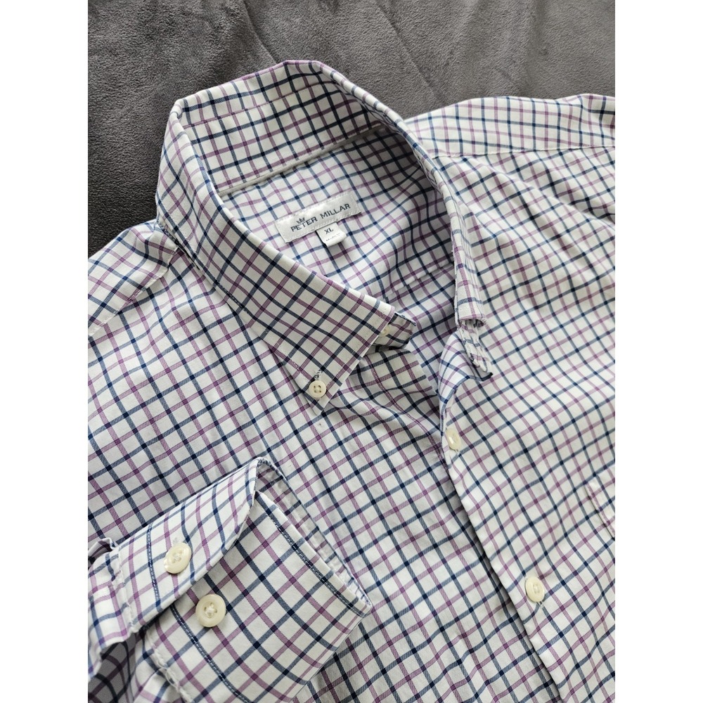 Peter Millar Men's Plaid White Blue Purple Long Sleeve Button-Up Shirt XL‎